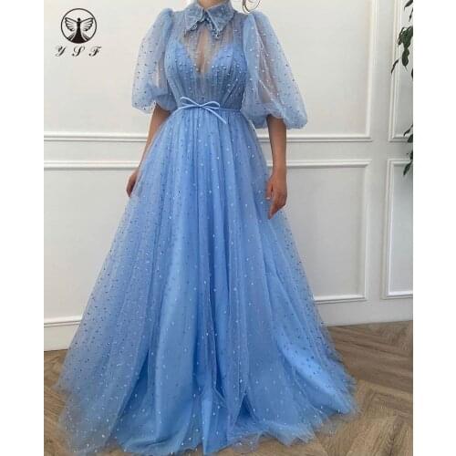 Muslim Prom Dresses Pleated Half Sleeve Lace A Line Floor Length Blue Vestidos De Formature