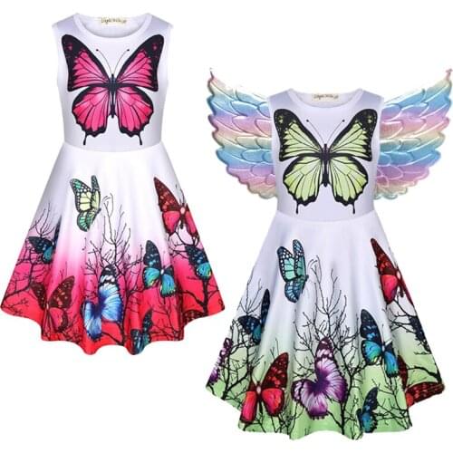 Girls Polyester Outfit Dress With Wings Costume Princess Butterfly Print Summer Kids Sleeveless Clothes Girls Dress