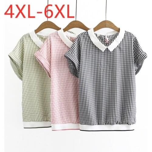 New 2021 Ladies Summer Plus Size Tops For Women Large Blouse Short Sleeve Loose Green Pink Plaid Chiffon Bat Shirt 4XL 5XL 6XL
