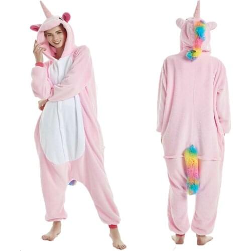 Kigurumi Unicorn Pajama Adult Animal Cat Onesie Women Men Couple Winter Pajamas Suit Nightie Sleepwear Flannel Homewear