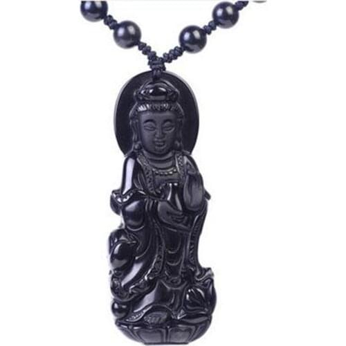 Natural Obsidian Standing Avalokite Jade Pendant Jewelry Lucky Exorcise Evil Spirits Auspicious Amulet Jade Pendant Fine Jewelry