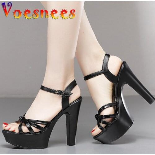 8/11/13CM Patent Leather Platform Sandals Square Heel Peep Toe One Word Metal Buckle High Heels Sexy Cheongsam Party Women Shoes