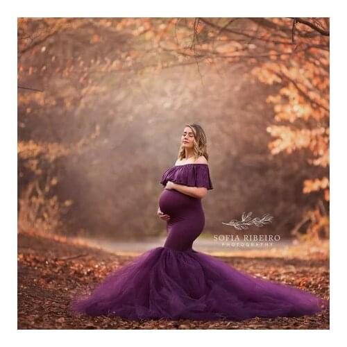 Chic Purple Mermaid Maternity Gowns Strapless Boat Neck With Tulle Train Stretchy Floor Length Pregnancy Photo Shoot Dress
