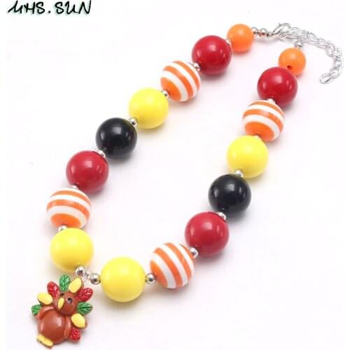 MHS.SUN Baby Girls Chunky Bubblegum Beaded Necklace With Turkey Pendant 1PC Cute Acrylic Beads Choker For Thanksgiving Jewelry