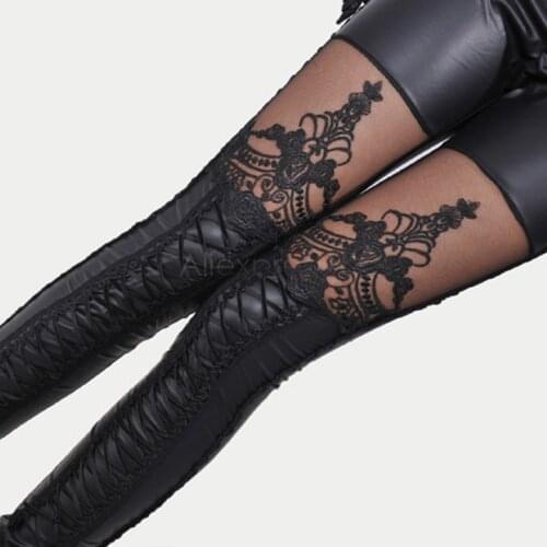 Women Punk Black fake leather gothic lace stitching Legging bandage floral leggings lady slim capris immitation leather pants