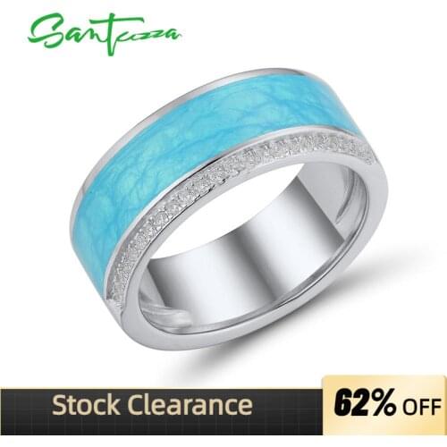 SANTUZZA Silver Rings For Women Genuine 925 Sterling Silver Blue Enamel Sparkling CZ Trendy Simple Daily Wear Jewelry Handmade