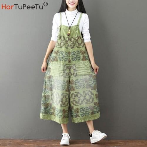 Denim Cotton Jumpsuit Women Summer Autumn Vintage Print Loose Casual Jeans Plus Size Wide Leg Ankle-Length Pants with Pockets