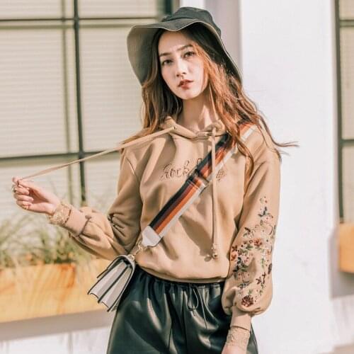 Womens Autumn and Winter New Style Hooded Plus Velvet Padded Sweater Long-sleeved Embroidery Korean Blouse Pullover