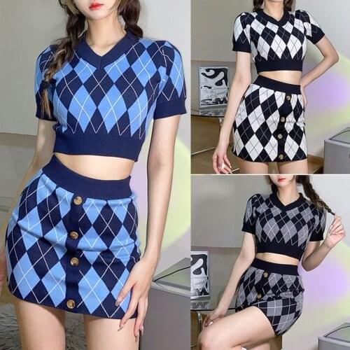 IMCUTE Y2K Knit Skirt Set Womens Autumn Retro Diamond Pattern V-neck Short Sleeve Top + High Waist Button A-line Short Skirt