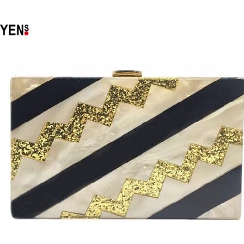 YENS Women Vintage Acrylic Clutch New Wallet Striped Prom Party Evening Bags Small Messenger Bag Patchwork Acrylic Handbag