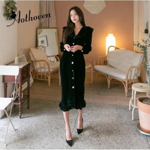 2019 Spring Ruffles Velvet Dresses V Neck Single-breasted Long Sleeve Dress Women Office Bodycon Sexy Party Ladies Dress Vestido