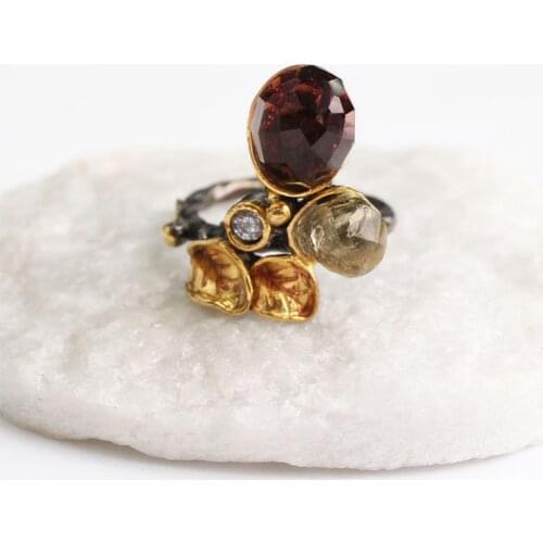 Sultanite and White Zircon Womens Gold Plated Silver Ring, Woman 925 Silver Sultanite Handmade Ring