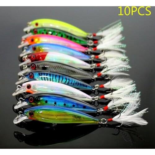 10 Pcs 9cm selling Fishing Lure Minnow Wobblers Bait Tackle Artificial Baits Crankbait with Feather Hooks Fishing Accessories