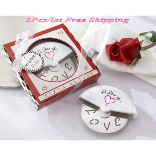 5Pcs/lot Wedding Favor "A Slice of Love" Stainless-Steel Pizza Cutter Bridal Shower Favors For wedding souvenirs and Love Gift