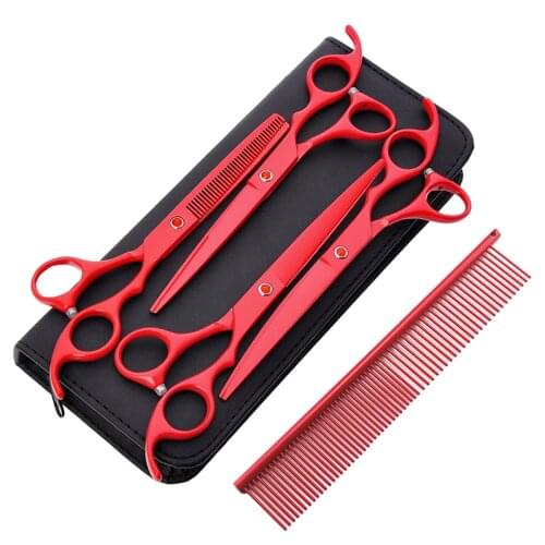 7.0 Inch Baking Paint Red Curved Thinning Cutting Comb With Bag 5Pcs Scissors Set Pet