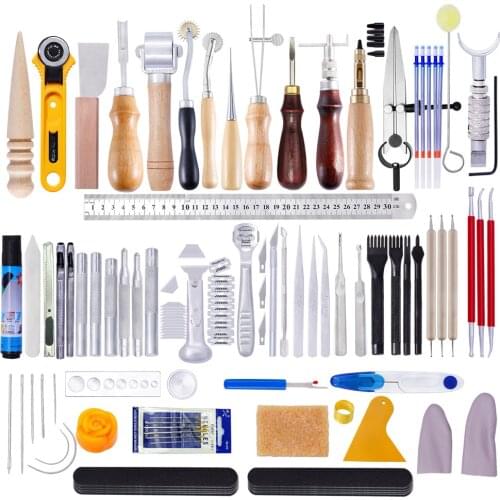 83PCS DIY Leather Stitching Tool Hand Sewing Kit with Prong Hole Punch Edge Stamping Creaser Groover Awl Leathercraft Tools Set