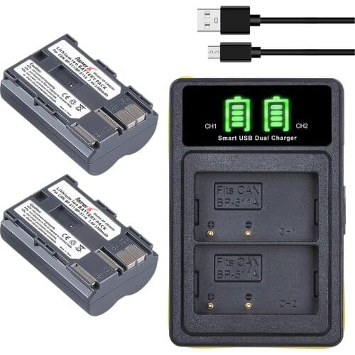 2Pcs BP-511A BP-511 BP 511 511A BP511 BP511A Batteries + LED USB Dual Charger for Canon EOS 40D 300D 5D 20D 30D 50D 10D D60 G6