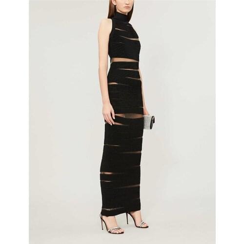 High Quality Black Sleeveless Striped Maxi Long Dress Bodycon Women Dress Evening Party Dress