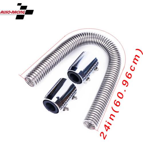 24" (61cm) Stainless Steel Radiator Hose Flexible Coolant Water Hose Kit With 2 Chrome Caps Universal