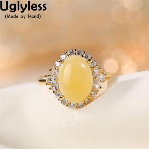 Uglyless Simple Blank Amber Rings for Women Blingbling Crystals Jewelry Real 925 Silver Chicken Oil Beeswax Rings Gold Bijoux