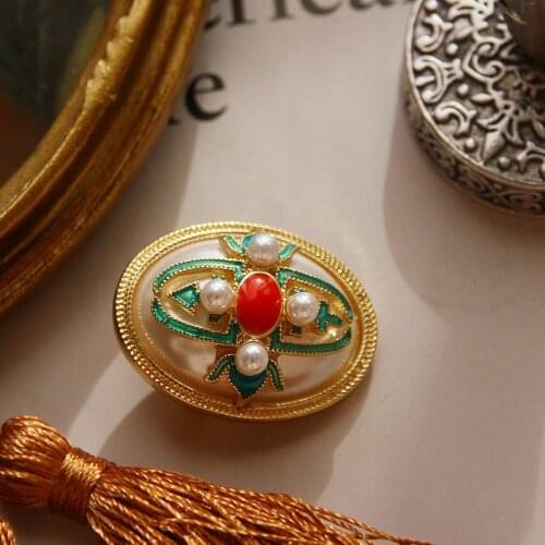 Creative Retro Baroque Goose Egg Pearl Brooches Enamel Embossed Oval Antique Brooch Female Party Gift
