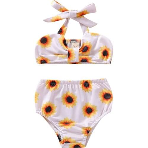 2Pcs Girls Sunflower Printed Swim Suit Elastic Halter Tops with Triangle Briefs Lovely Girls Kids Swimsuit for Vacation/Seaside