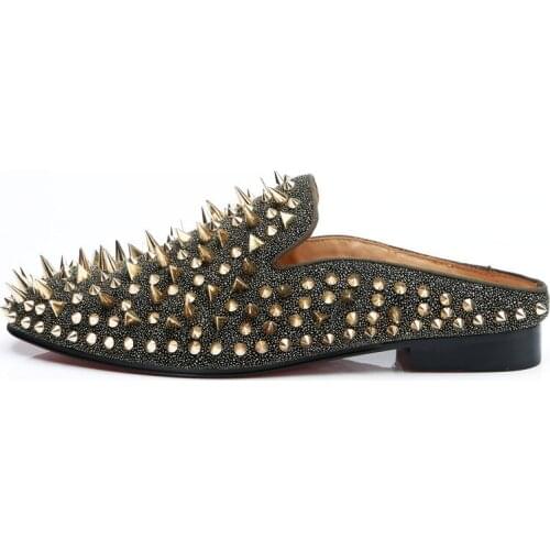 2018 Men Gold Spike Mules Slip-on Loafers Rivet Glitter Shoes Rhinestone Men Slipper EU39-EU47 Customized Color Men Casual Shoes