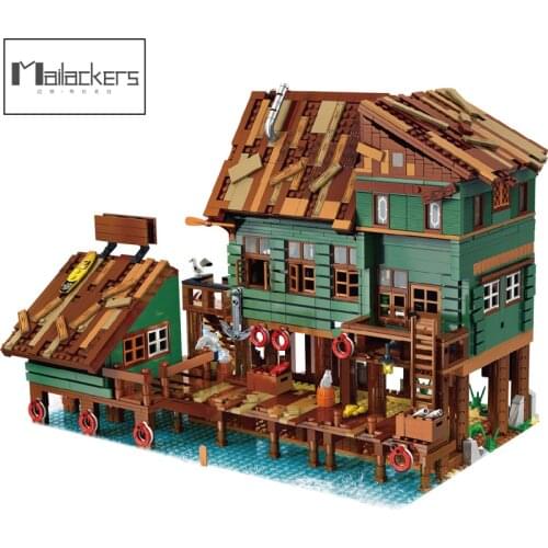 Mailackers City Building Fish House Pier Building Blocks City Street View Old Fishing Store Modular Architecture Toys For Kids