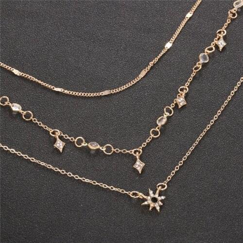 Trendy Gold Color stone Necklace Multi Layer Chain Triple Charm Drop Pendant Choker Boho uk