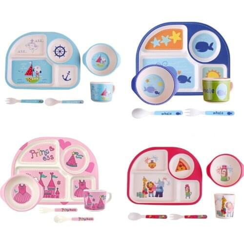 New 5 Piece Toddler Kids Bamboo Dinnerware Set Cartoon Animal Food Plate Feeding Dishes Bowl Spoon Fork Cup Tableware Gifts