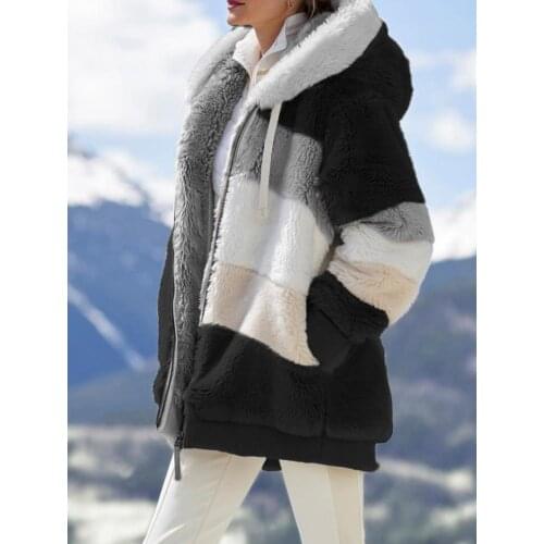 NEW Winter Womens Coat Fashion Casual Stitching Plaid Ladies Clothes Hooded Zipper Ladies Coat Lamb Hair women jacket