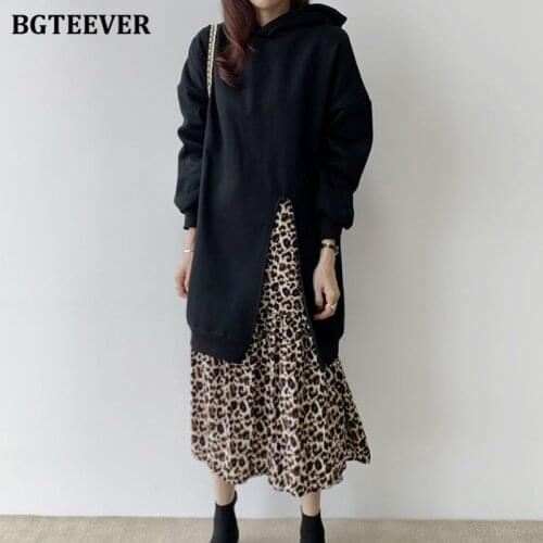 BGTEEVER Autumn Winter Women Dresses 2021 Thick Hoodies Patchwork Dresses for Women Loose Leopard Print Maxi Vestidos Female