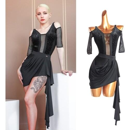 Sexy Mesh Stitching Leopard Latin Dance Off-Shoulder Leotard Tango ChaCha Dancing Skirt Competition/Performance Costume VDB3939