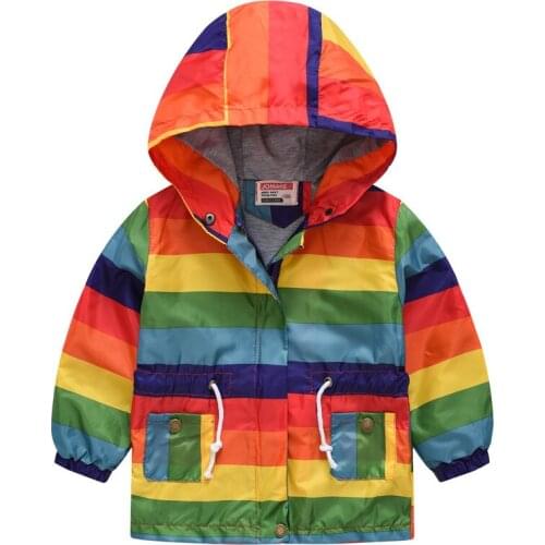 Spring Autumn New Kids Jacket Fashion Rainbow Striped Children Windbreaker Outwear Long Sleeve Hooded Wind Jacket 2-7Y Boys Coat
