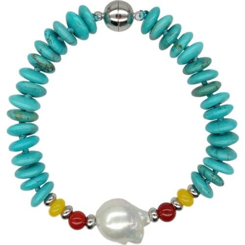 Blue Disc rondlle howlite beads White Keshi Freshwater Pearl round stone Bracelet Handmade Knitting Delicate Jewelry