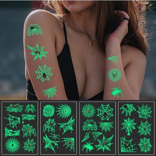 Halloween Luminous 3D Spiders Tattoo Sticker Waterproof Fluorescent Green Temporary Tattoos Spider Web Fake Tattoos Arm Body Art