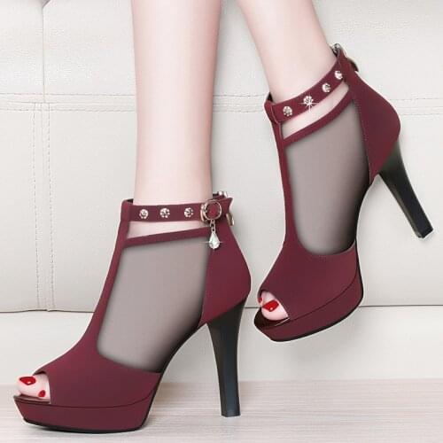 Fashion Mesh Lace Crossed Stripe Women Ladies Casual Peep Toe High Heels Pumps Feminine Mujer Summer Ankle Boots Shoes M0214