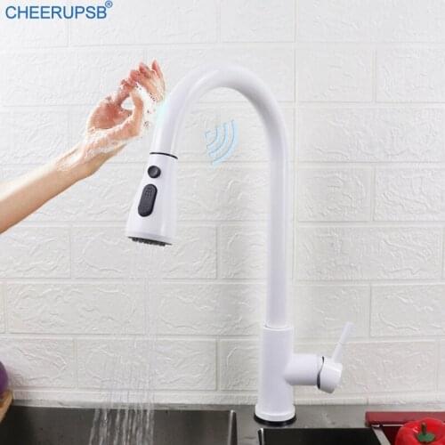 Kitchen Sink Smart Touch White Faucet Pull Out Deck Mount Automatic Tap Stainless Steel Luxury Sensitive Crane Single Hole Taps