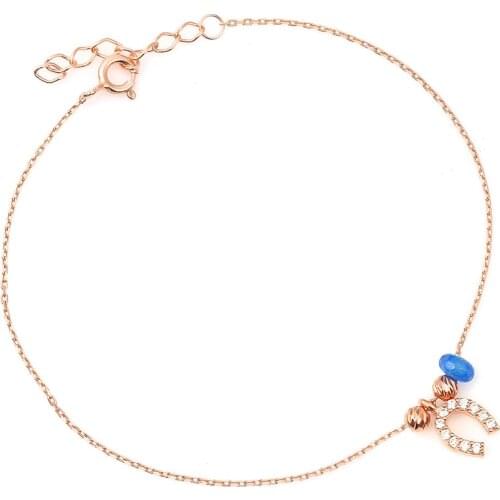 High Quality Horseshoe 925 Sterling Silver Anklet Rose Gold Plated Jewelry Anklet with Agate