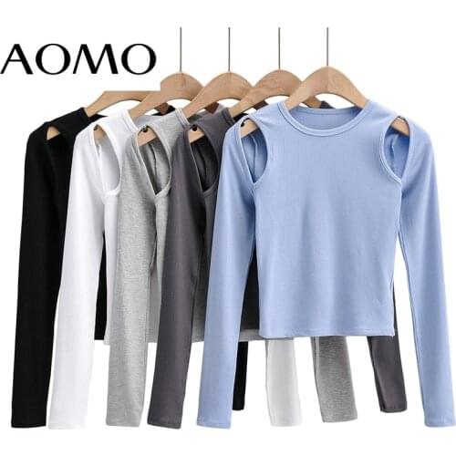 AOMO 2021 Women Cut-out Crop T Shirt Long Sleeve O Neck Tees Ladies Shirt Street Wear Top 4P64A