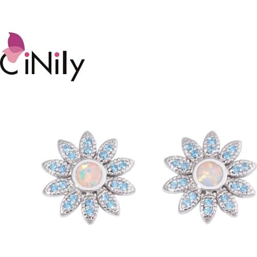 CiNily Daisy Fire Opal Stud Earrings Sun Flower Silver Plated Eardrop Heronsbill Plant Blue CZ Crystal Stone Gift for Girl Women