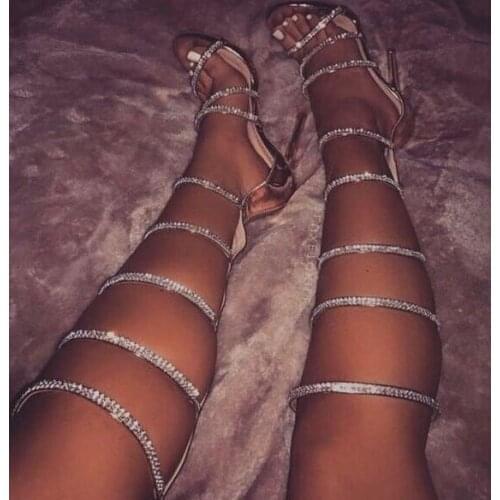 Woman Rhinestone Embellished Gladiator Sandals Boots Female Open Toe Knee High Boots Lady High Heels Tight High Boot Big Size