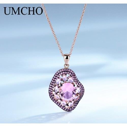 UMCHO 925 Sterling Silver Clear Pink Color Zircon Pendant Necklace Romantic Party Gifts For Women Girls Princess Elegant