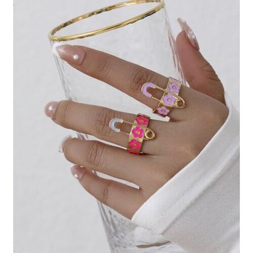 Chunky Aesthetic Flower Pins Rings for Women Girl Gold Color Drip Oil Enamel Metal Finger Ring Trendy Jewelry Vintage Ring Gifts