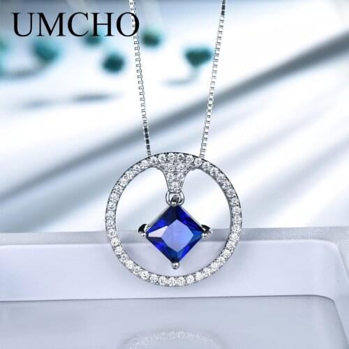 UMCHO 100% 925 Sterling Silver Round Blue Gemstone Pendant Necklace Romantic Girl Birthday Gifts For Women Fashion Fine Jewelry