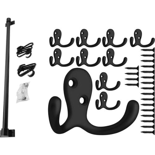 10 Pcs Heavy Duty Double Prong Coat Hooks with 20 Screws & 1 Set Black 10 Hooks Wall Hanging Rail Rack