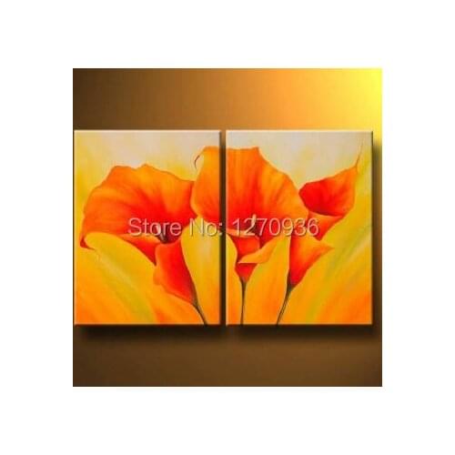 100% Hand-painted Fashion Design 2PCS Canvas Painting for Room Decorative Plant Orange Flower Oil Painting on Canvas Artwork
