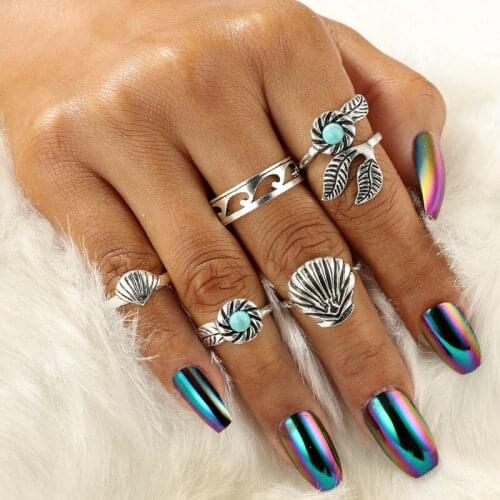 5PCS/LOT Boho Vintage Silver Color Finger Rings Set New Fashion Blue Stone Rings Retro Shell Shaped Anillos Mujer