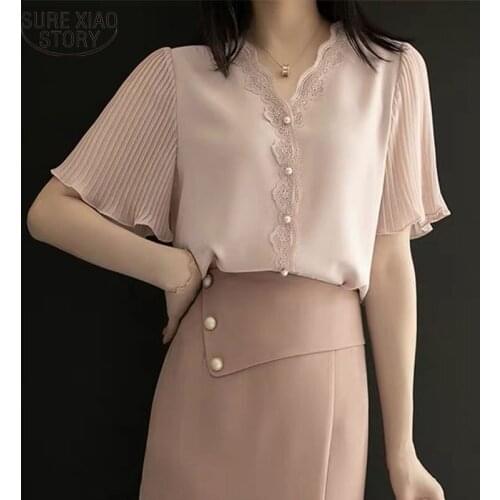 Short-sleeved Blouse Summer New Chiffon Blouse Soft Lace Shirt V Collar White Top Ruffled Sleeve Womens Top and Blouse 14270