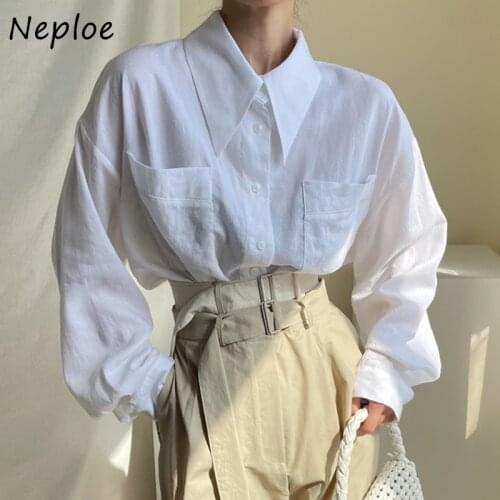 Double Pocket Long Sleeve Top Blusas Korean Chic Basic Lapel Women Blouses Single-breasted Loose Solid Color Shirt